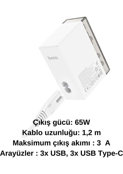 Super Şarj Istasyonu 1.2mt 3 Type-C +3 Usb-A Girişli 65W Şarj Başlık Samsung Iphone Şarj Başlık