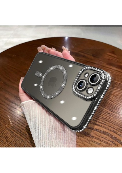 Aplle Iphone 14 Kılıf Tam Kamera Korumalı Kenarları Swarovski Taşlı Parıltılı Simli Parlak Magsafe