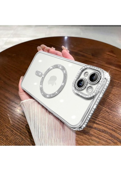Aplle Iphone 14 Kılıf Tam Kamera Korumalı Kenarları Swarovski Taşlı Parıltılı Simli Parlak Magsafe