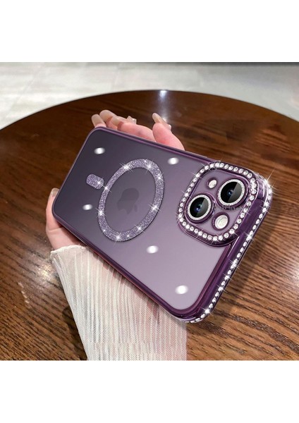 Aplle Iphone 13 Kılıf Tam Kamera Korumalı Kenarları Swarovski Taşlı Parıltılı Simli Parlak Magsafe