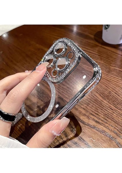 Apple Iphone 13 Kılıf Tam Kamera Korumalı Kenarları Swarovski Taşlı Parıltılı Simli Parlak Magsafe