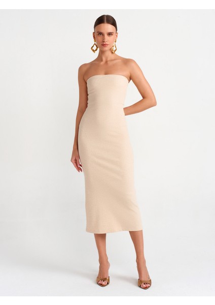 91127 Straplez Midi Elbise-Bej Melanj