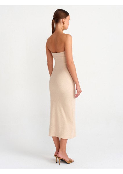 91127 Straplez Midi Elbise-Bej Melanj fiyatları