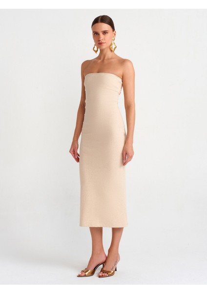 91127 Straplez Midi Elbise-Bej Melanj modelleri