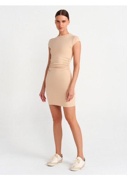 91114 Büzgülü Vücuda Oturan Mini Elbise-Açık Bej modelleri