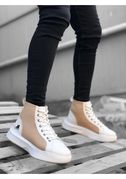 BA0256 Bağcıklı Erkek Yüksek Taban Beyaz Krem Taban Spor Bot fiyatları