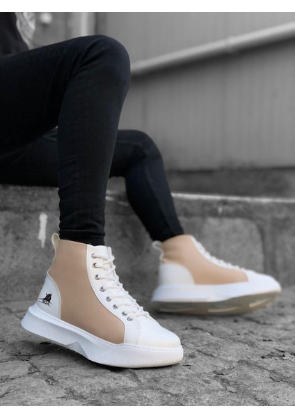 BA0256 Bağcıklı Erkek Yüksek Taban Beyaz Krem Taban Spor Bot indirimleri