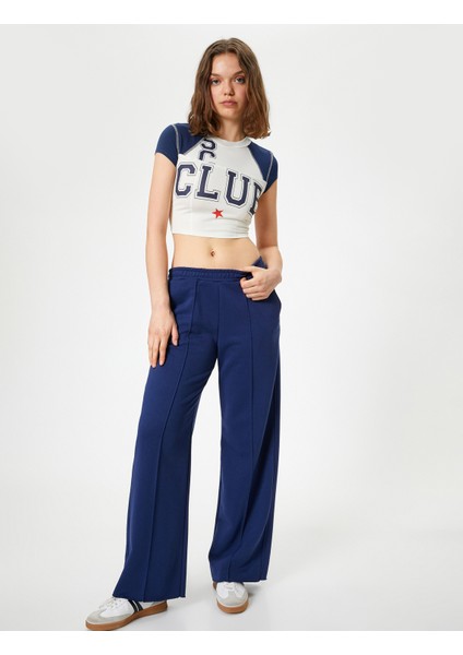 Crop Spor Tişört Kolej Baskılı Bisiklet Yaka Slim Fit