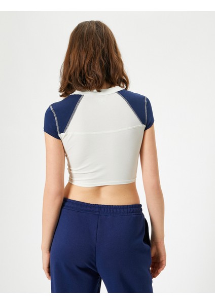 Crop Spor Tişört Kolej Baskılı Bisiklet Yaka Slim Fit