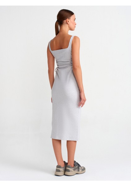 91106 Pencere Detaylı Uzun Elbise-Gri Melanj fiyatları