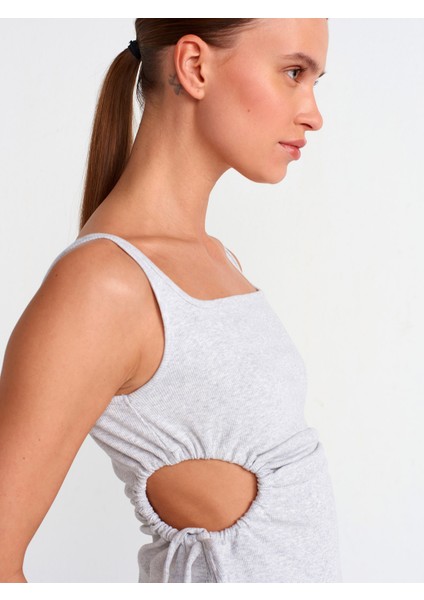 91106 Pencere Detaylı Uzun Elbise-Gri Melanj modelleri