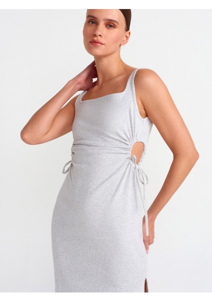 91106 Pencere Detaylı Uzun Elbise-Gri Melanj fırsatları