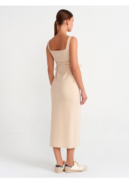 91106 Pencere Detaylı Uzun Elbise-Bej Melanj fiyatları