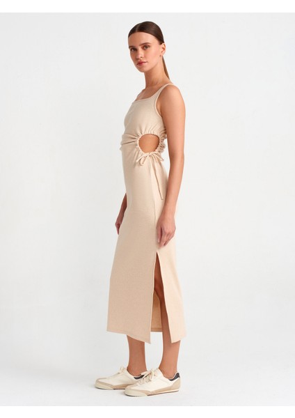 91106 Pencere Detaylı Uzun Elbise-Bej Melanj modelleri