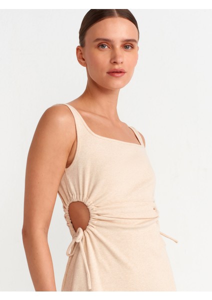 91106 Pencere Detaylı Uzun Elbise-Bej Melanj fırsatları