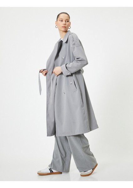 Trençkot Uzun Kruvaze Ters Yaka Düğmeli Apolet Detaylı fiyatları