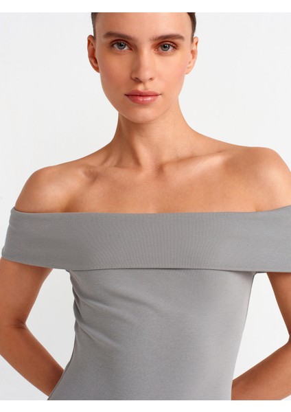 91102 Omuzları Açık Mini Elbise-Gri fırsatları