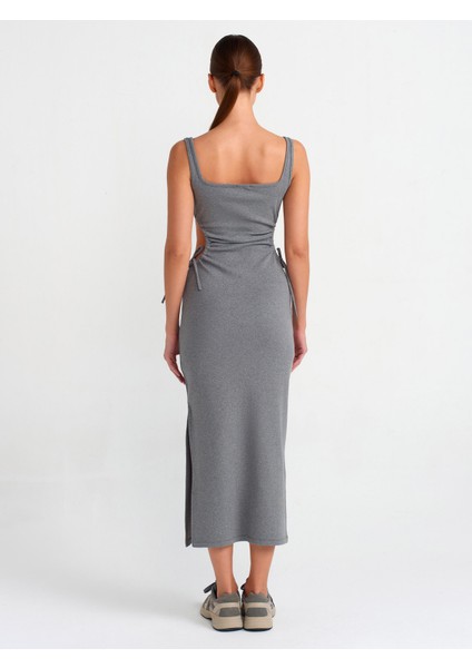 91106 Pencere Detaylı Uzun Elbise-Antrasit fiyatları