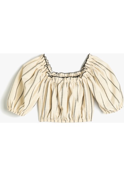 Crop Bluz Balon Kollu Fırfır Detaylı Pamuklu