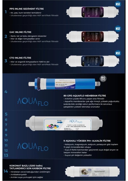 Su Arıtma Cihazı Pompalı 12 Aşamalı Multimineralli 8 Lt Çelik Tanklı Aquaflo Membranlı (DP12-M-A)