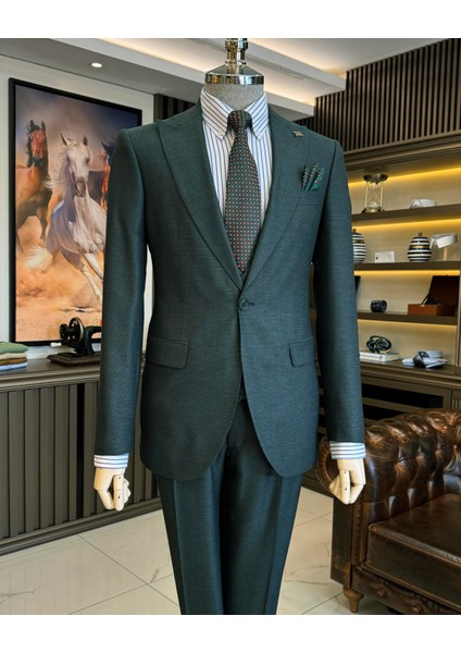 İtalyan stil slim fit ceket yelek pantolon takım elbise yeşil T10333