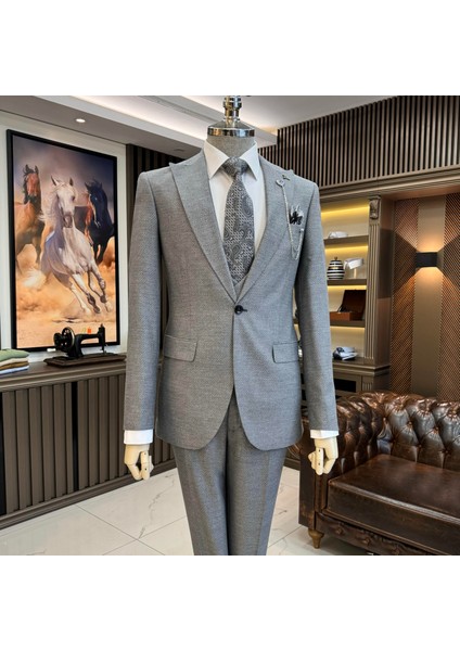 İtalyan stil slim fit ceket yelek pantolon takım elbise gri T10332