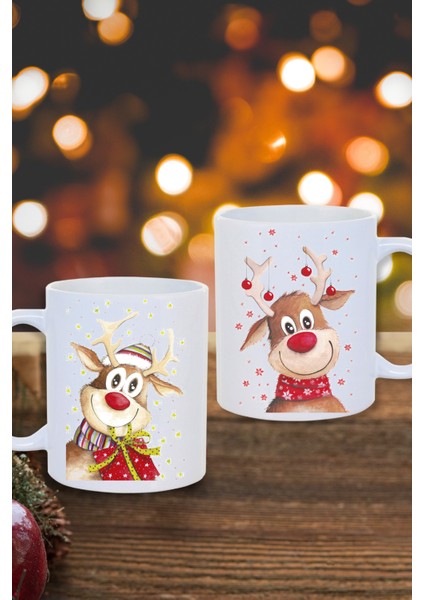 Yılbaşı Noel Temalı 2'li Yılbaşı Geyikleri Baskılı Yeni Yıl Hediye Kupa Bardak-Çay-Kahve