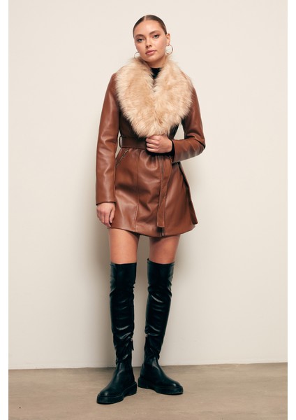 Kürk Detaylı Deri Ceket - Kahve indirimleri