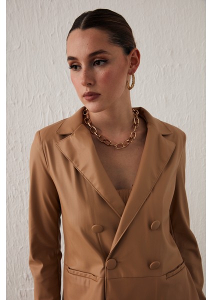 Düğme Detaylı Kruvaze Deri Ceket - Bej fırsatları