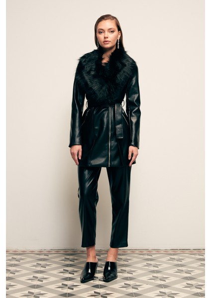 Kürk Detaylı Deri Ceket - Siyah fiyatları