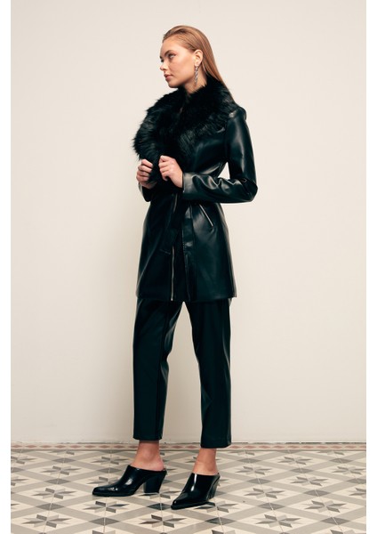 Kürk Detaylı Deri Ceket - Siyah modelleri