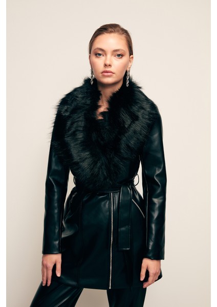 Kürk Detaylı Deri Ceket - Siyah fırsatları