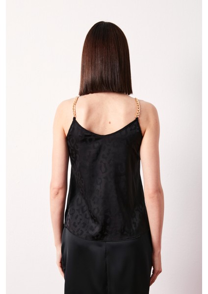 Zincir Askılı Saten Bluz - Siyah indirimleri