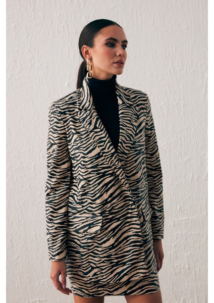 Zebra Desenli Deri Ceket - Bej