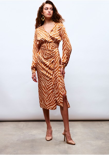 Zebra Desenli Saten Etek - Camel