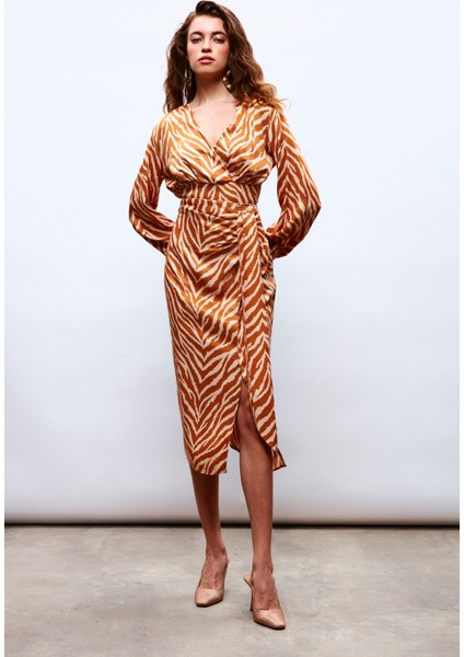 Zebra Desenli Saten Etek - Camel