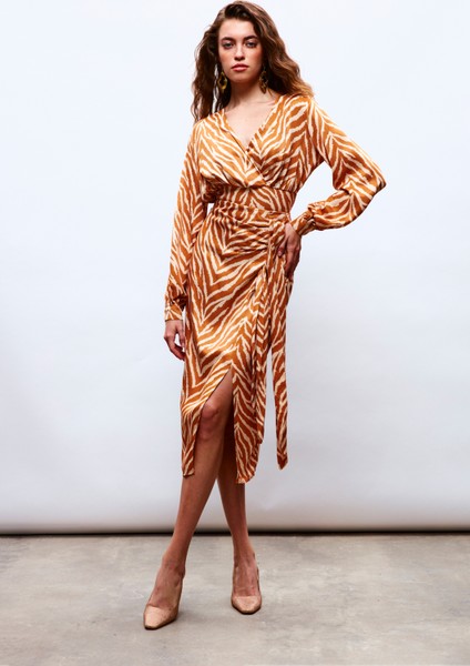 Zebra Desenli Saten Etek - Camel