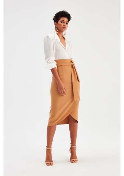 Kuşaklı Kalem Etek - Camel