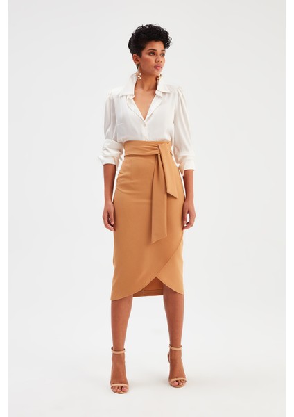 Kuşaklı Kalem Etek - Camel fiyatları