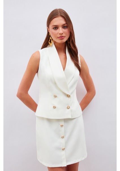 Düğme Detaylı Mini Etek - Ekru fiyatları