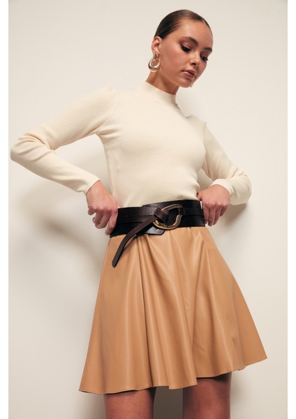 Mini Deri Etek - Camel