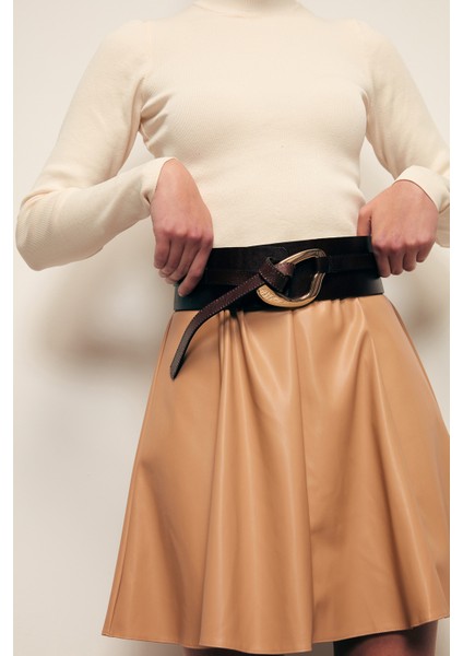 Mini Deri Etek - Camel indirimleri