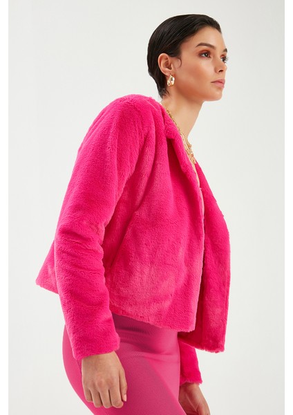 Yakasız Peluş Ceket - Fuşya