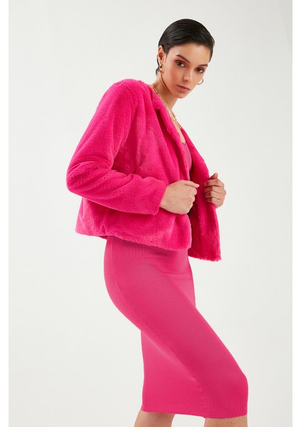 Yakasız Peluş Ceket - Fuşya fırsatları