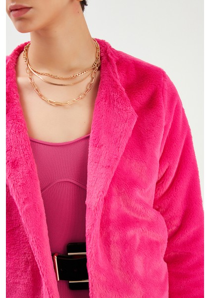 Yakasız Peluş Ceket - Fuşya indirimleri