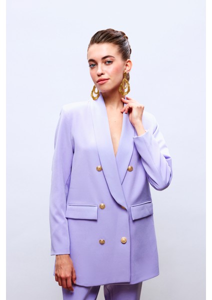 Düğme Detaylı Kruvaze Ceket - Lila