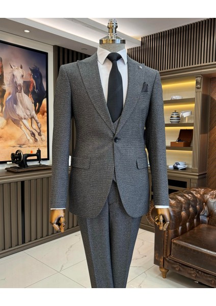 Italyan Stil Slim Fit Ceket Yelek Pantolon Takım Elbise Antrasit T10320