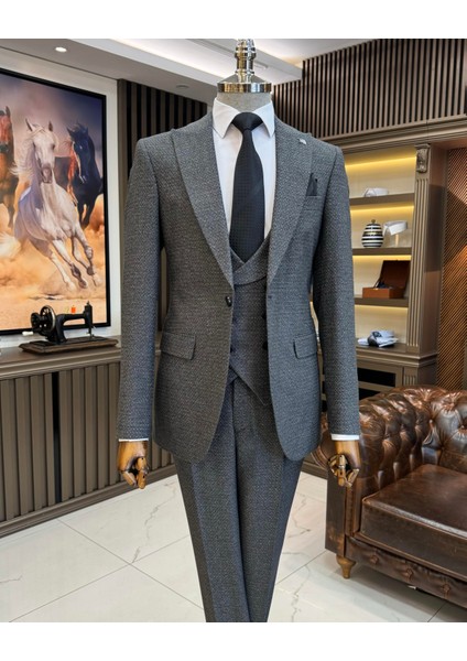 Italyan Stil Slim Fit Ceket Yelek Pantolon Takım Elbise Antrasit T10320 indirimleri