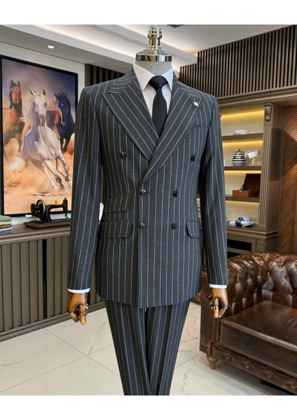 Italyan Stil Slim Fit Çizgili Kruvaze Ceket Pantolon Takım Elbise Antrasit T11934