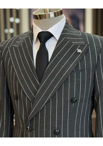 Italyan Stil Slim Fit Çizgili Kruvaze Ceket Pantolon Takım Elbise Antrasit T11934 fiyatları